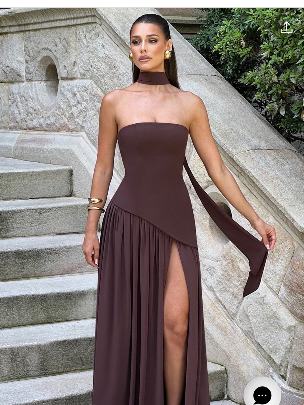 Strapless Chocolate Brown Maxi Dress with Side Slit